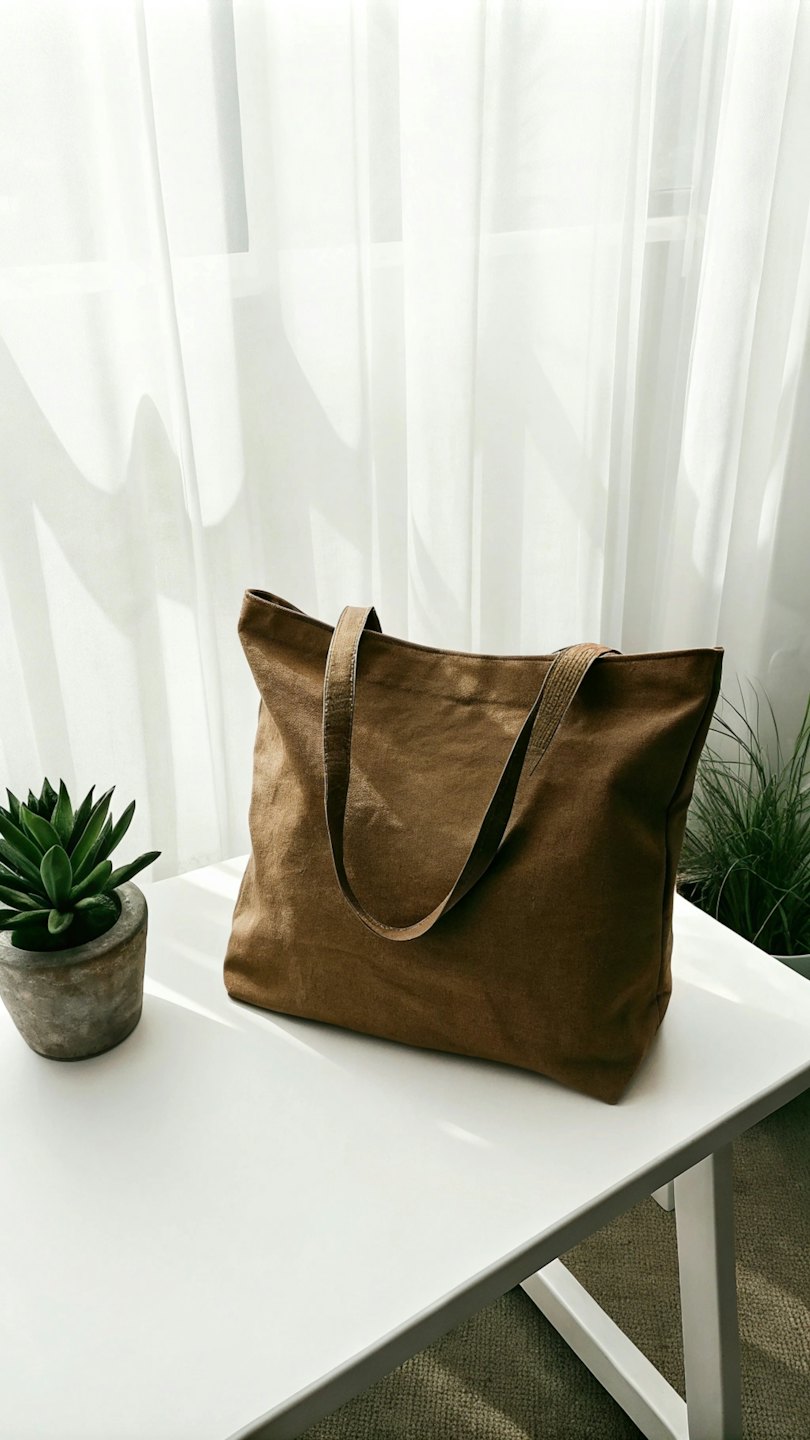 Brown canvas tote bag on a white table with plants.